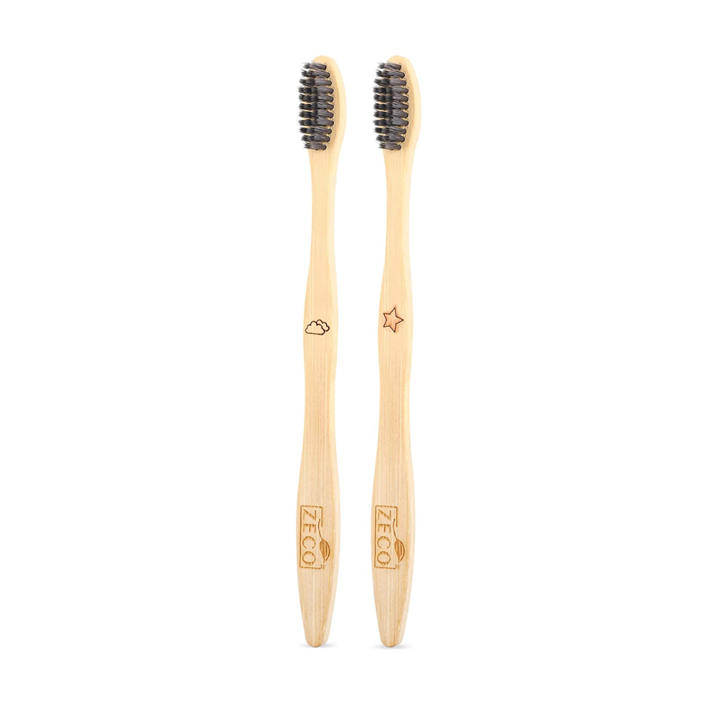 Bamboo Wood Toothbrush, Charcoal Activated Soft Bristles (Pack of 2)