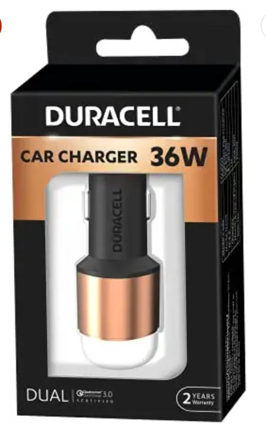 Duracell 36W Fast Car Charger Adapter with Dual Output (Copper & Black)