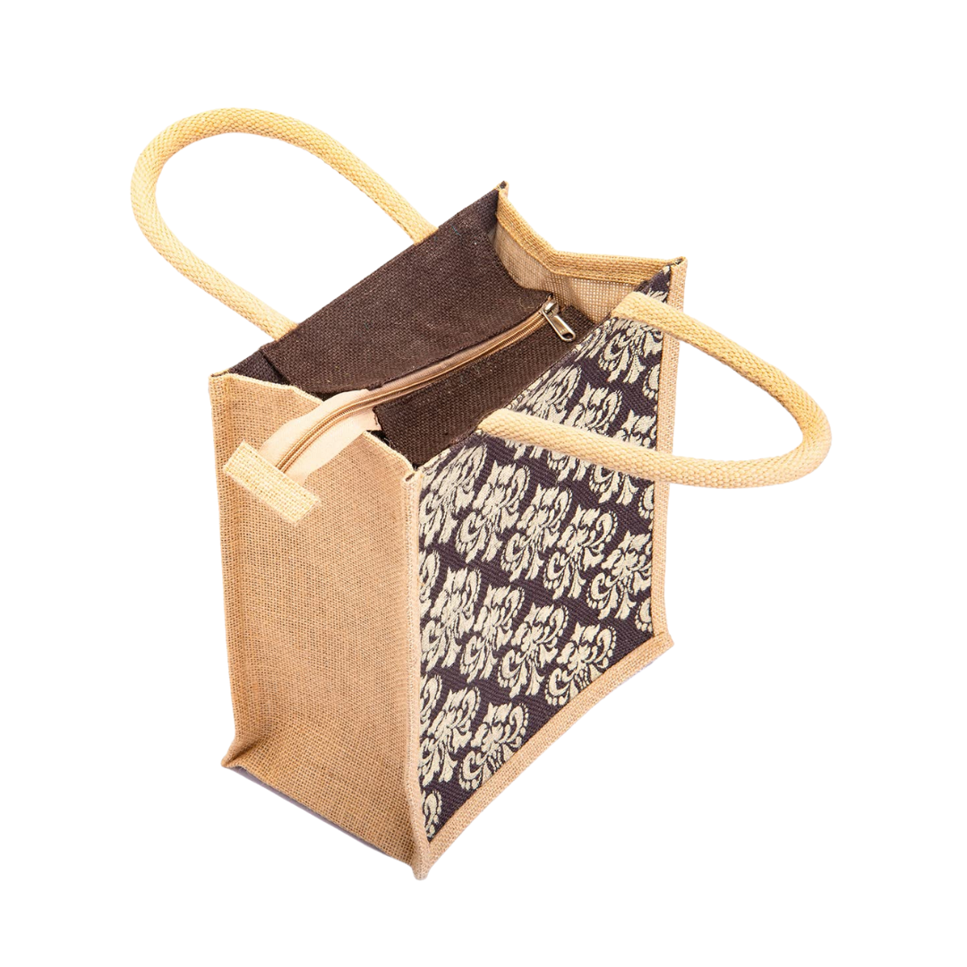 Jute Tote Handbag with Zip and Bottle Holder, Medium (14”X 12"X 4”)