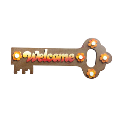 Welcome Wood Key Shape Key Holder for Home, Office Wall (5 Hooks, Multicolor)