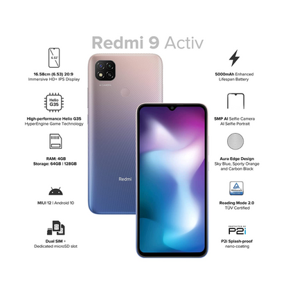 Redmi 9 Activ Mobile Phone with Free Silicone Cover (Metallic Purple, 4GB RAM, 64GB Storage)