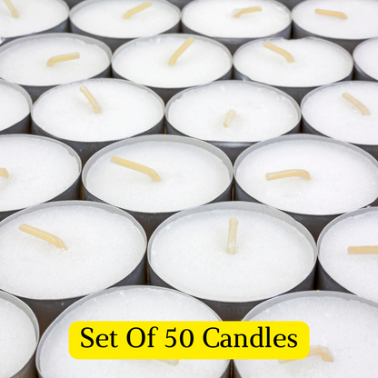 Diwali Candles, Tealight Candle, White (Set of 50, 14g, Approx. 5 Hrs Burn Time)